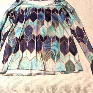 NWOT size L greens and blues geometric print long-sleeve shirt
